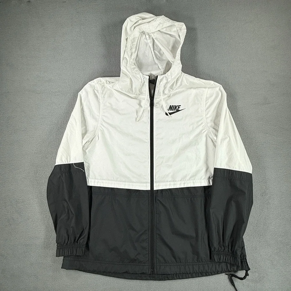 NIKE Windbreaker Jacket Mens Small White Black Full Zip Colorblock Vented Hooded